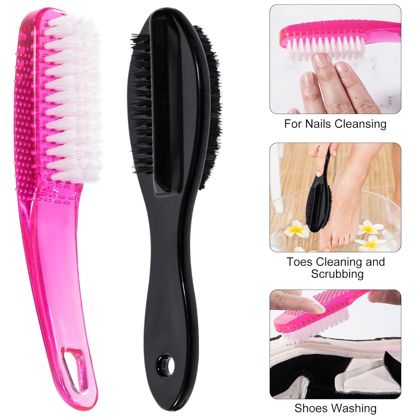 Nail Brush for Cleaning Fingernails 4 PCS, Long Handle Grip Double Sided Nail Foot Scrub Brush Fingernail Cleaner, Soft Stiff Bristles Pedicure Nail Scrubber Non-Slip for Men Women, Black Pink