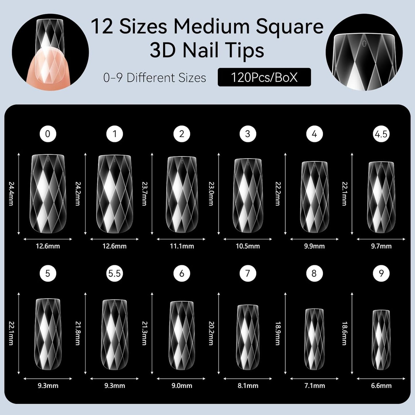 Makartt Medium Square Soft Gel Nail Tips: 120pcs 3D Diamond-Shaped Fake Nails Extension, 12 Sizes Full Cover Clear Press-On Tip, Natural Rhombus Lattice, Suit for Chrome Nail Powder