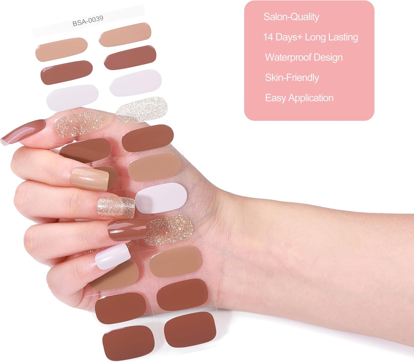 No Lamp Gel Nail Strips 22 Pcs Wraps - Brownish Gold Glitter, Easy Apply Gel Nail Stickers Long Lasting, Salon-Quality, 2 Prep Pads, 1 File, 1 Wooden Stick