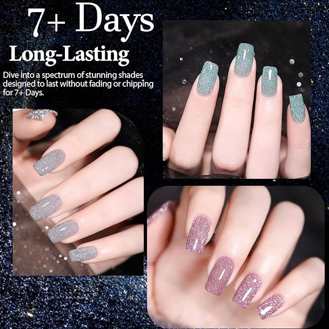 AZUREBEAUTY Reflective Nail Polish Set, 8 Colors Glitter Sparkly Shiny Green Silver Pink Quick Dry Natural Nail Lacquer Strengthening Treatment DIY Manicure Nail Salon