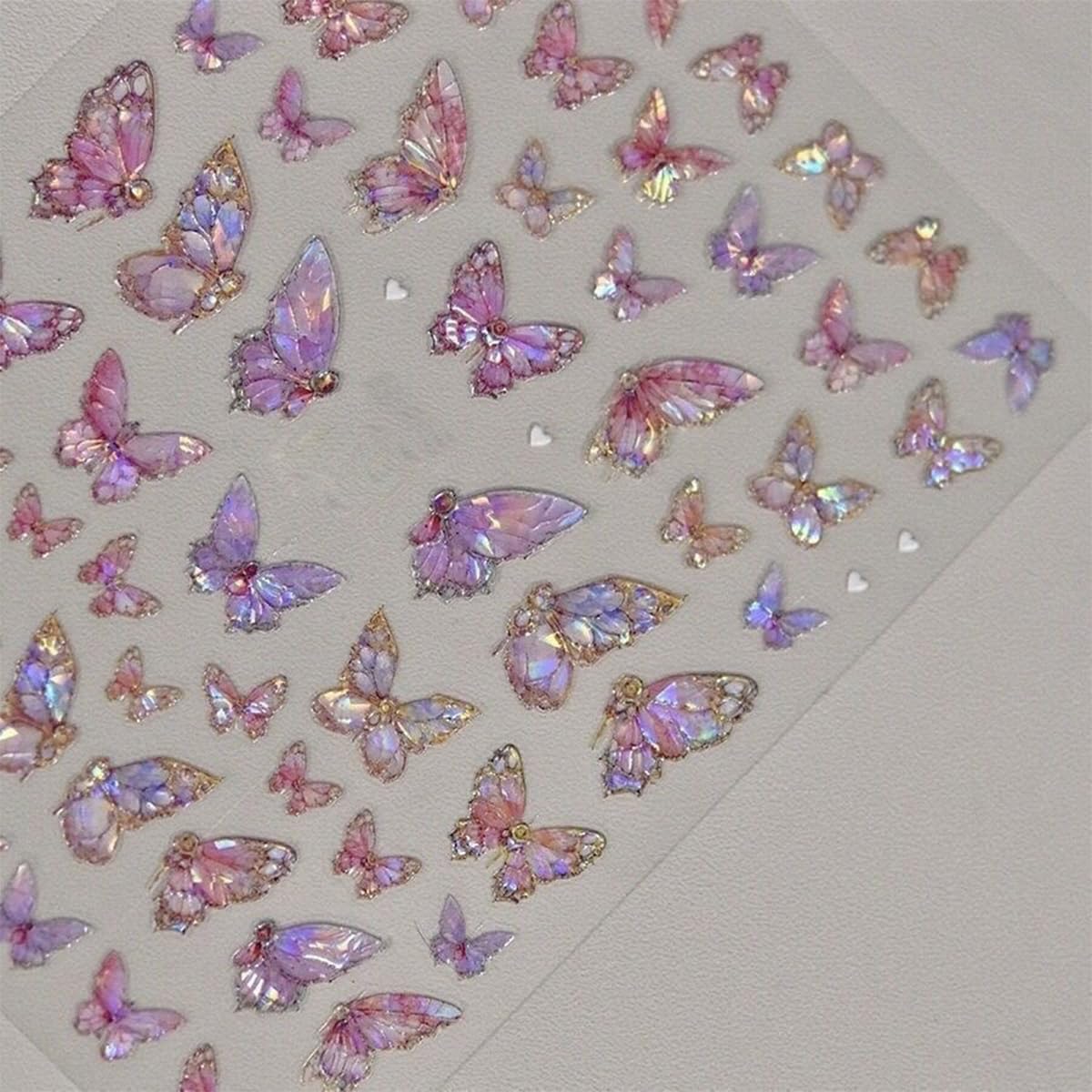 Butterfly Nail Art Stickers 5D Embossed Pink Butterfly Nail Decals Glitter Aurora Butterfly Nail Pattern Self-Adhesive Nail Art Supplies Butterfly Nail Stickers for Women Manicure DIY Nail Decoration