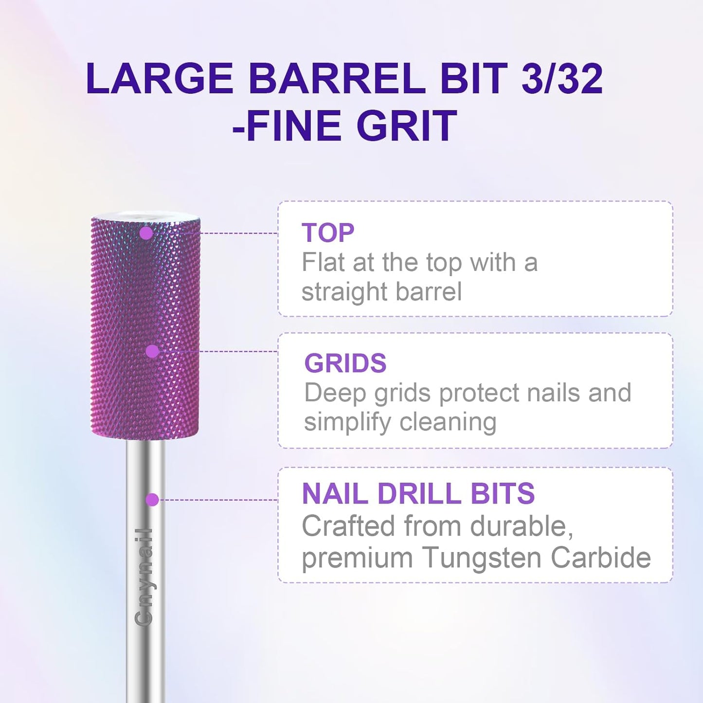 3/32" Large Barrel Bit Tungsten Carbide Nail Drill Bit Safety Bit for Gel & Acrylic Removal, 2- Way Rotating Efile Tip, Salon Electric File Accessory (XF Girt, Purple)