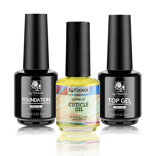 3Pcs 15ml Base Top Coat Set with Cuticle Oil Soak-Off UV Cured Glossy Top Gel Base Coat No Wipe Combination Fast Air Dry Nail Care Nutritive Oil for Manicure Pedicure Nail Supplies