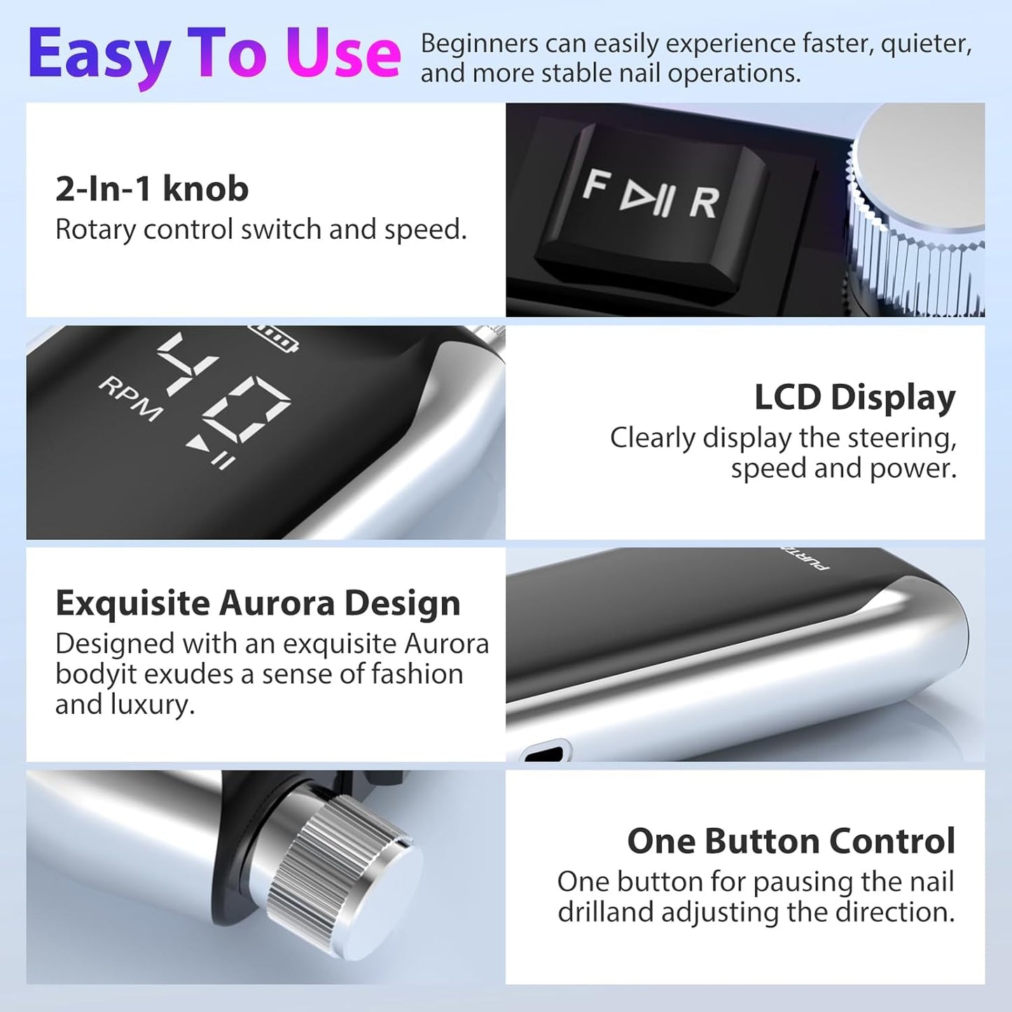 Professional Nail Drill 40,000 RPM, Rechargeable,LCD Display E File Machine for Acrylic Nails Gel Polishing Removing Portable Nails Efile Tools for Manicure Salon & Home (Silver)