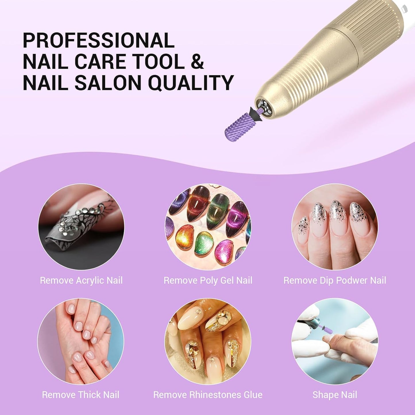 MelodySusie Safety Nail Drill Bits, 3/32'' Smooth Round Top Large Barrel Carbide Bits, Suitable for Manicure Pedicure Cuticle Gel Polishing, Beginners Bits, Purple, Series Bit-S, XC
