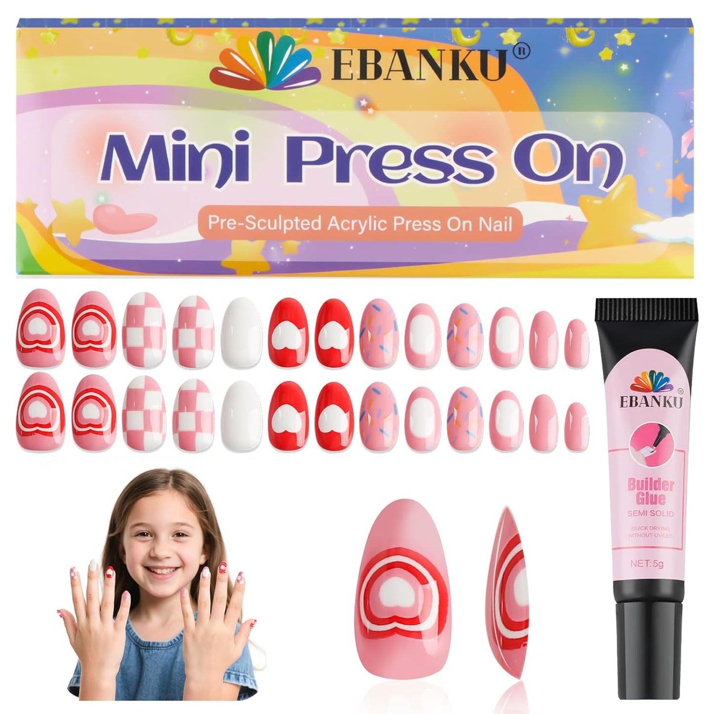 26 Pcs Kids Press on Nails Set, EBANKU Fake Nails for Girls 5-12 Years Pink Grid Heart False Nails with Nail Glue, Short Full Cover Press on Nails Tip for Child