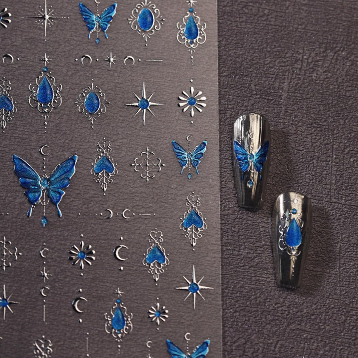 Butterfly Nail Art Stickers Decals Blue Butterfly Nail Decals 5D Embossed Nail Art Supplies Butterflies Star Moon Nail Stickers Shiny Nail Accessories for Women Girls Spring Summer Nail Art Decoration