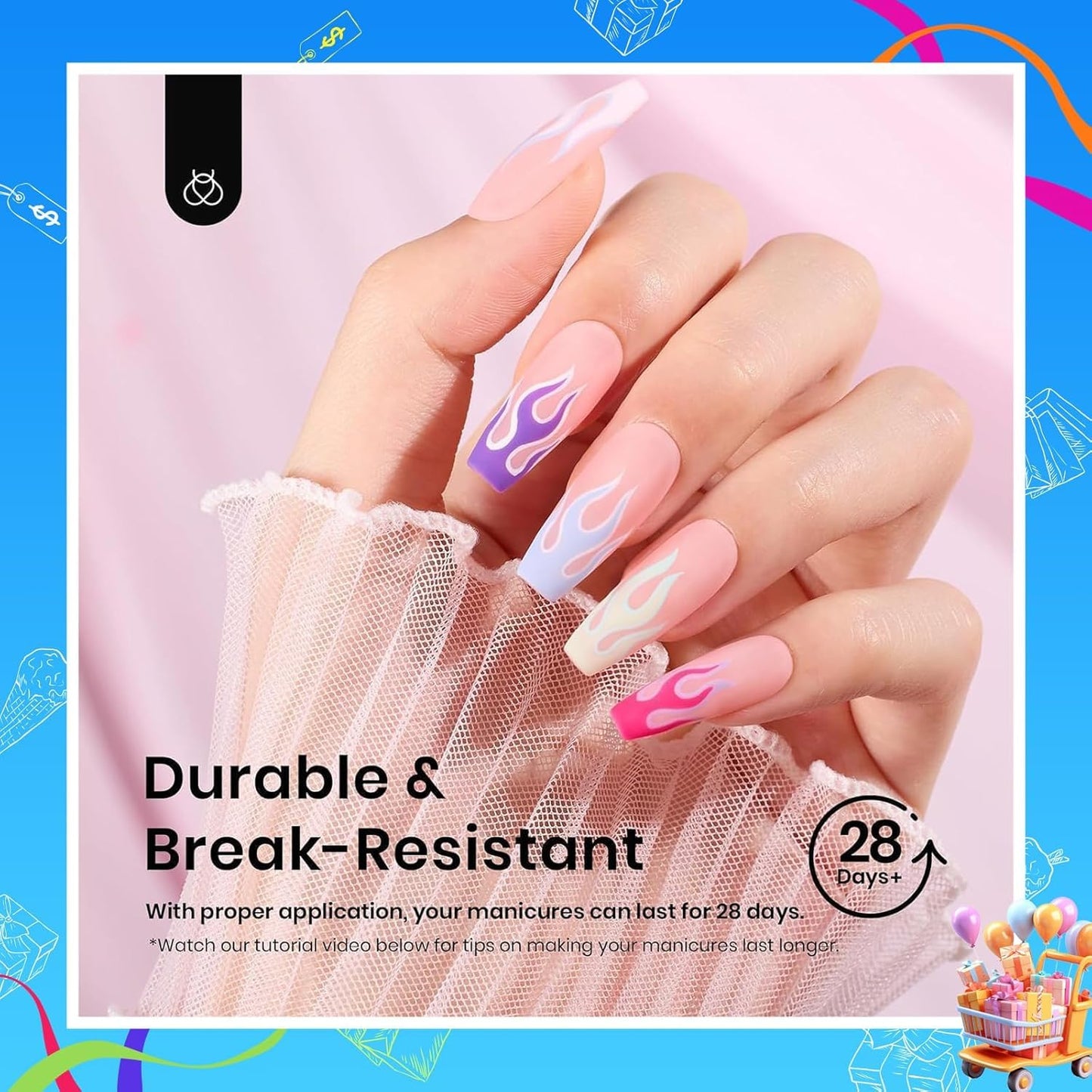 Beetles Gel Nail Tips Medium Coffin Etch X Nail Tips, 12 Sizes 288Pcs Pre Shaped Half Matte Press On Nails Full Cover False Nails for Pastel Spring Nails Acrylic Fake Nails Nail Extensions Kit
