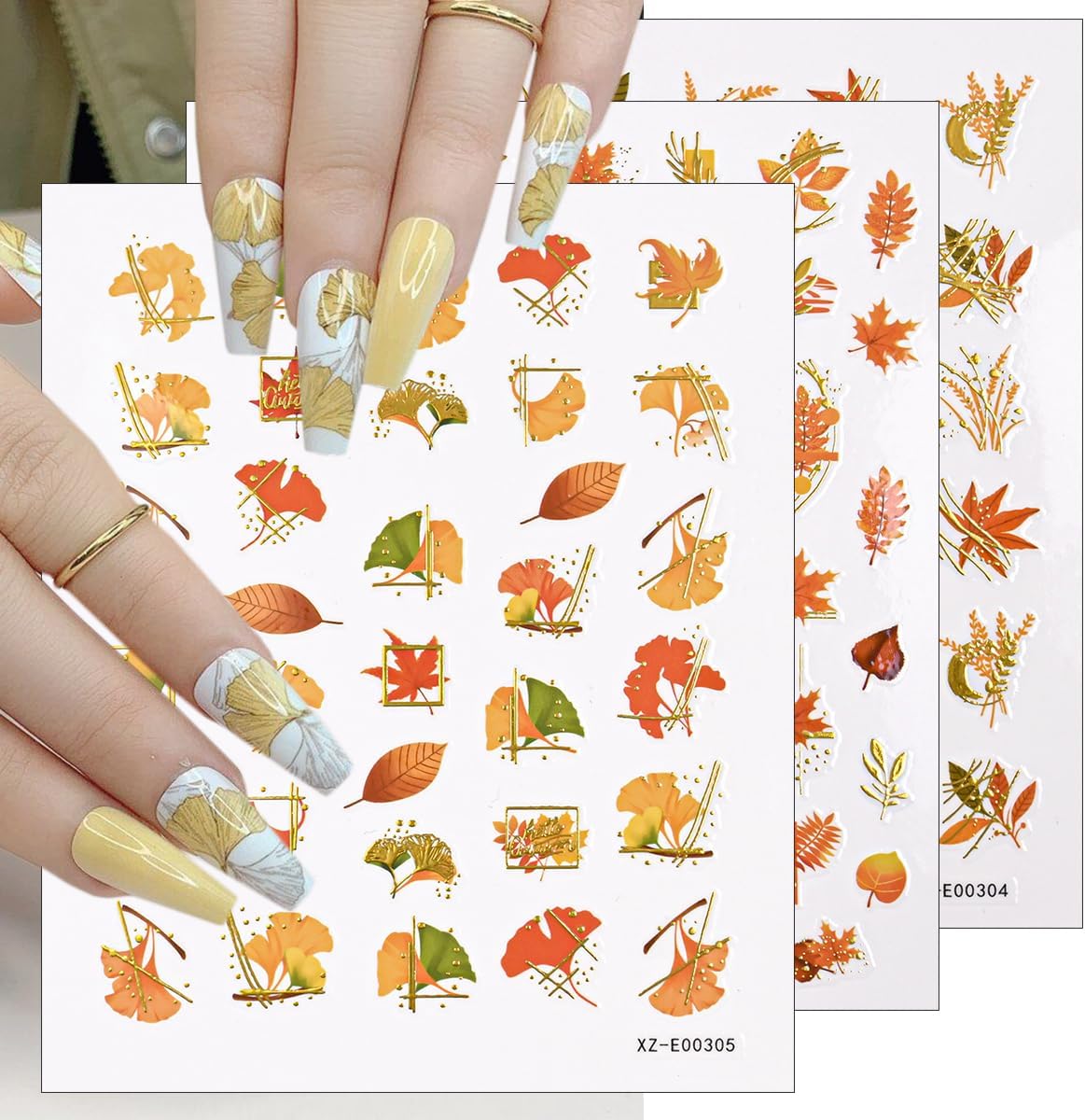 6 Sheets Gold Fall Nail Stickers Autumn Maple Leaf Nail Decals Cute Pumpkin Fox Ginkgo Fallen Leaves Nails Designs 3D Self-Adhesive Thanksgiving Nails Art Supplies for Women DIY Manicure Decorations