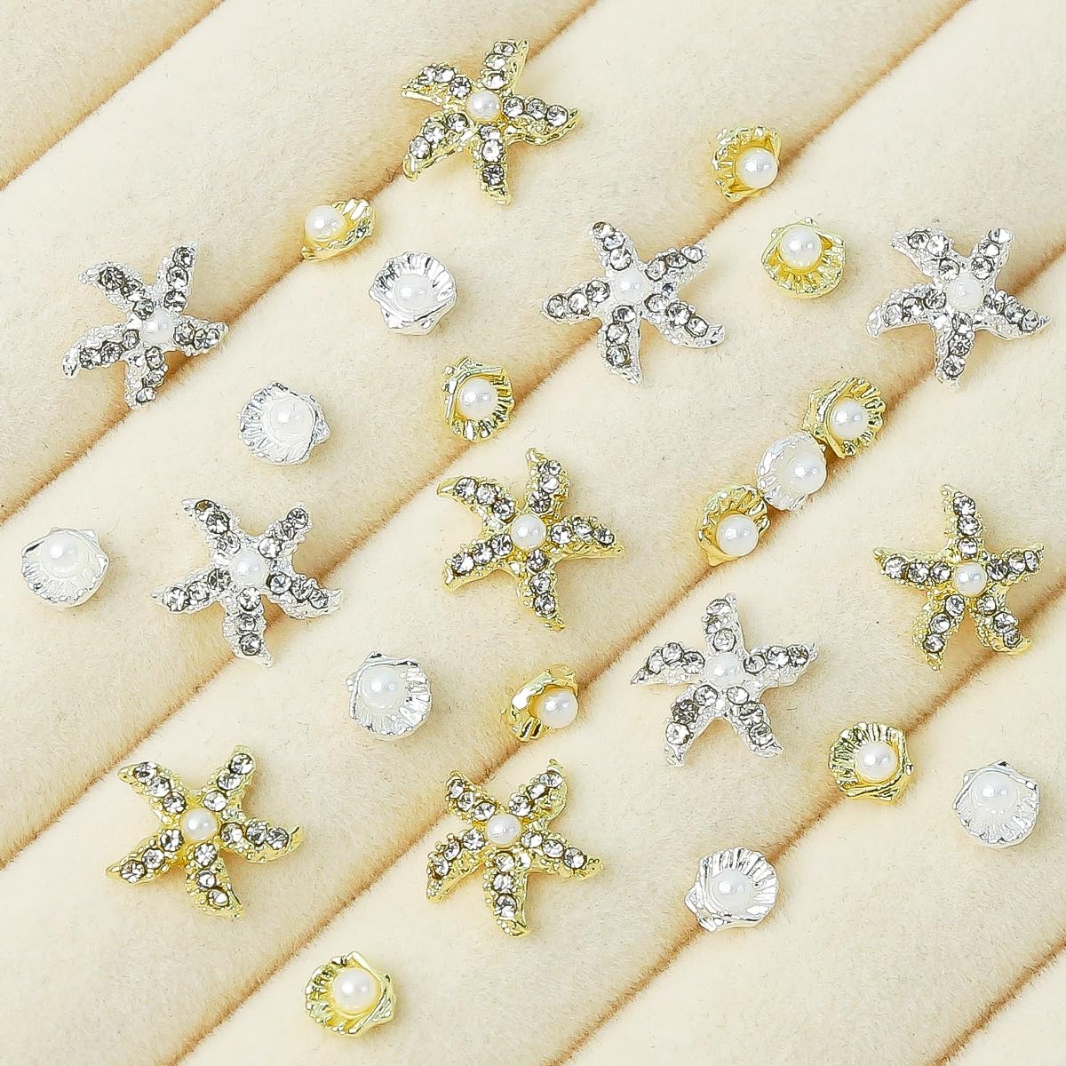 24Pcs Gold Silver 3D Mixed Color Starfish Nail Charms Alloy Summer Beach Nail Art Rhinestones Pearl Metallic Shell Nail Jewelry Ocean Theme Starfish Sea Series Nail Supplies Manicure Gems for Women