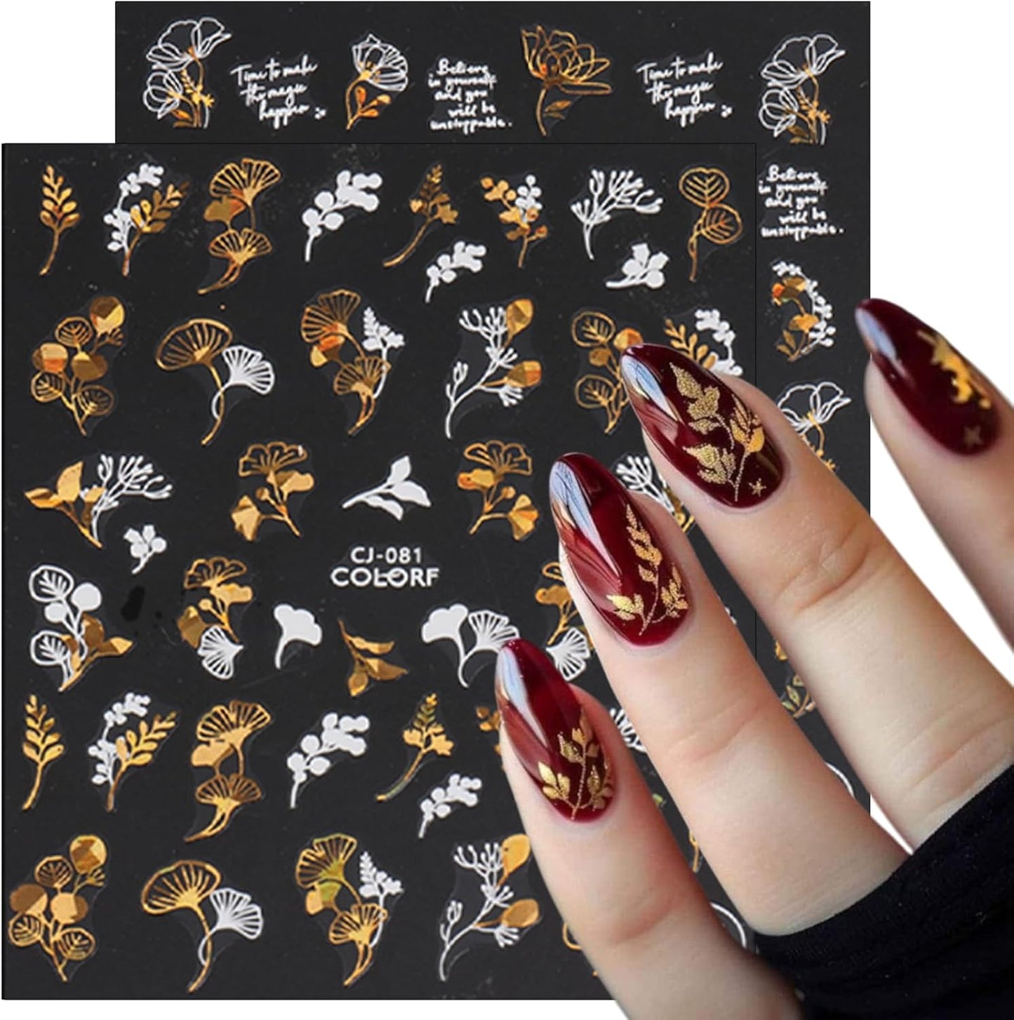 9 Sheets Bronzing Fall Nail Art Stickers 3D Glitter Metallic Maple Leaf Nail Stickers Autumn Laser White Gold Leaves Flower Nail Designs Thanksgiving Holiday Sticker for Women Manicure Tips