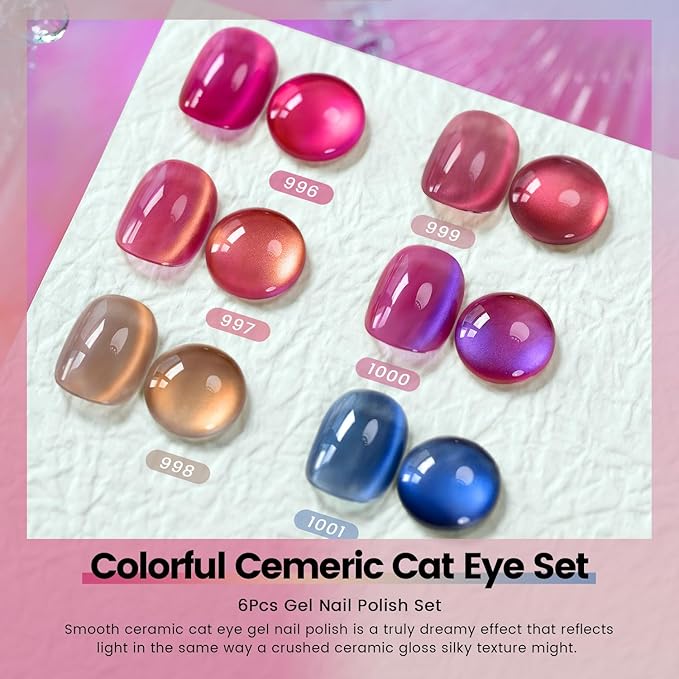 RARJSM Ceramics Glitter Cat Eye Gel Nail Polish Set 6Pcs Pink Light Purple Gold Brown Blue Velvet Shimmer Smoothie Cateye Gel Polish with Magnetic Stick UV LED Curing Require Home Salon Nail Design