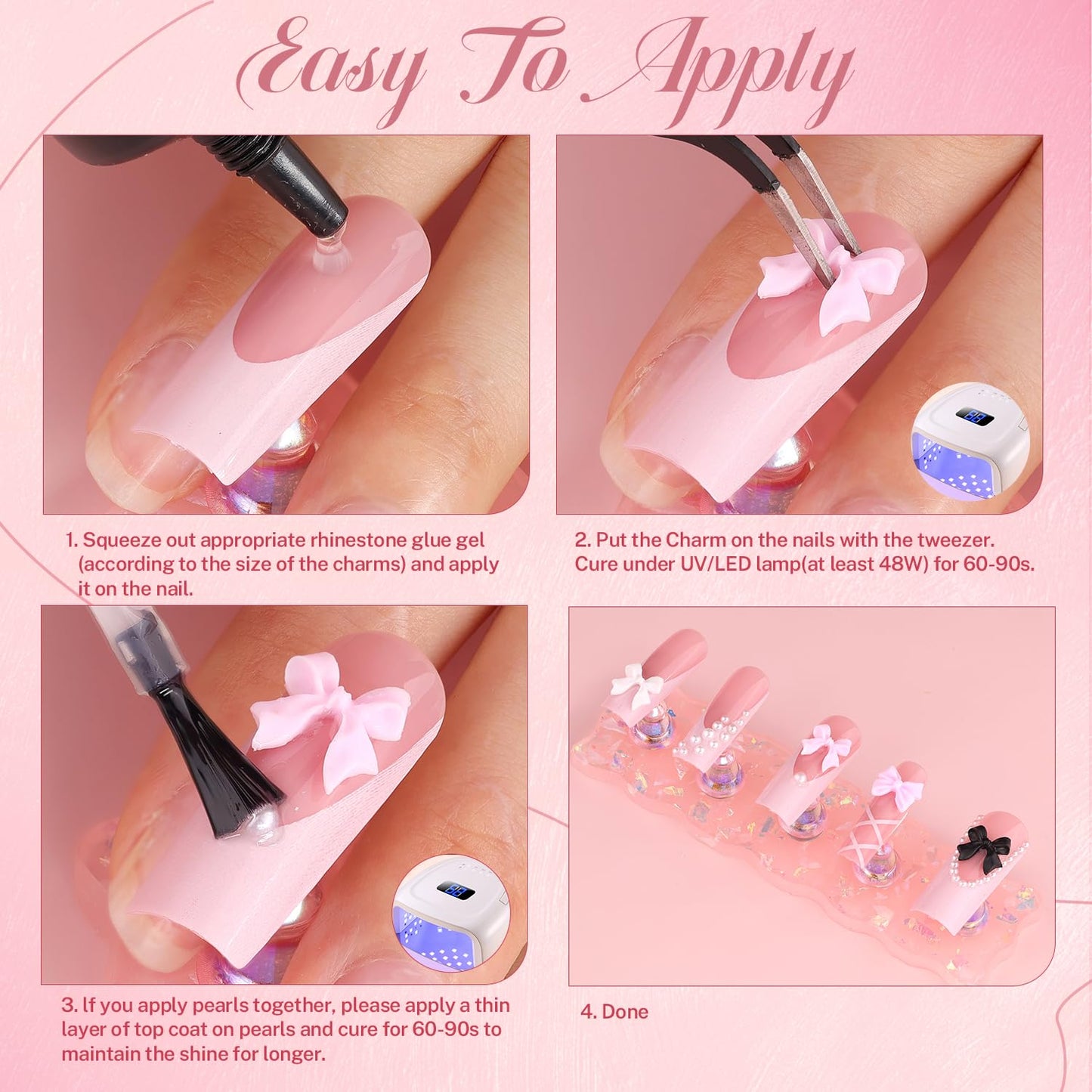 Chunky Nail Charms and Gems Set 4 with Rhinestone Glue, Girly Coquette Nail Charms + Assorted Pearl Bows Heart Star Moon + Cute 3D Flowers for Nails + Flatback Crystals & Pearls for Kawaii Nail Design