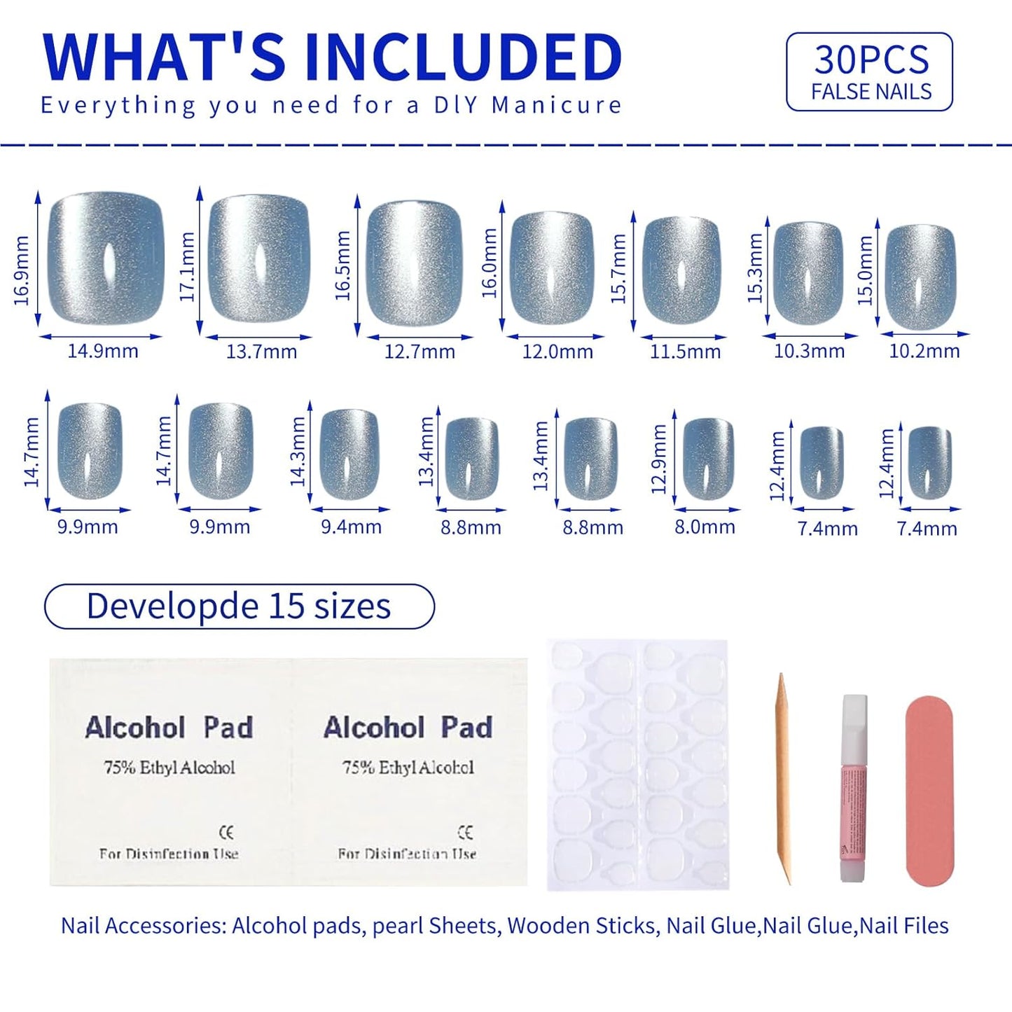 Light Blue Press On Nails Square – Short Cat Eye Fake Nails with Color-Shifting Glow, Reusable Stick On Nails, 15 Sizes, 30 Nail Kit with Glue, Thick Glue On Nails for Women, M2-Aurora Mist