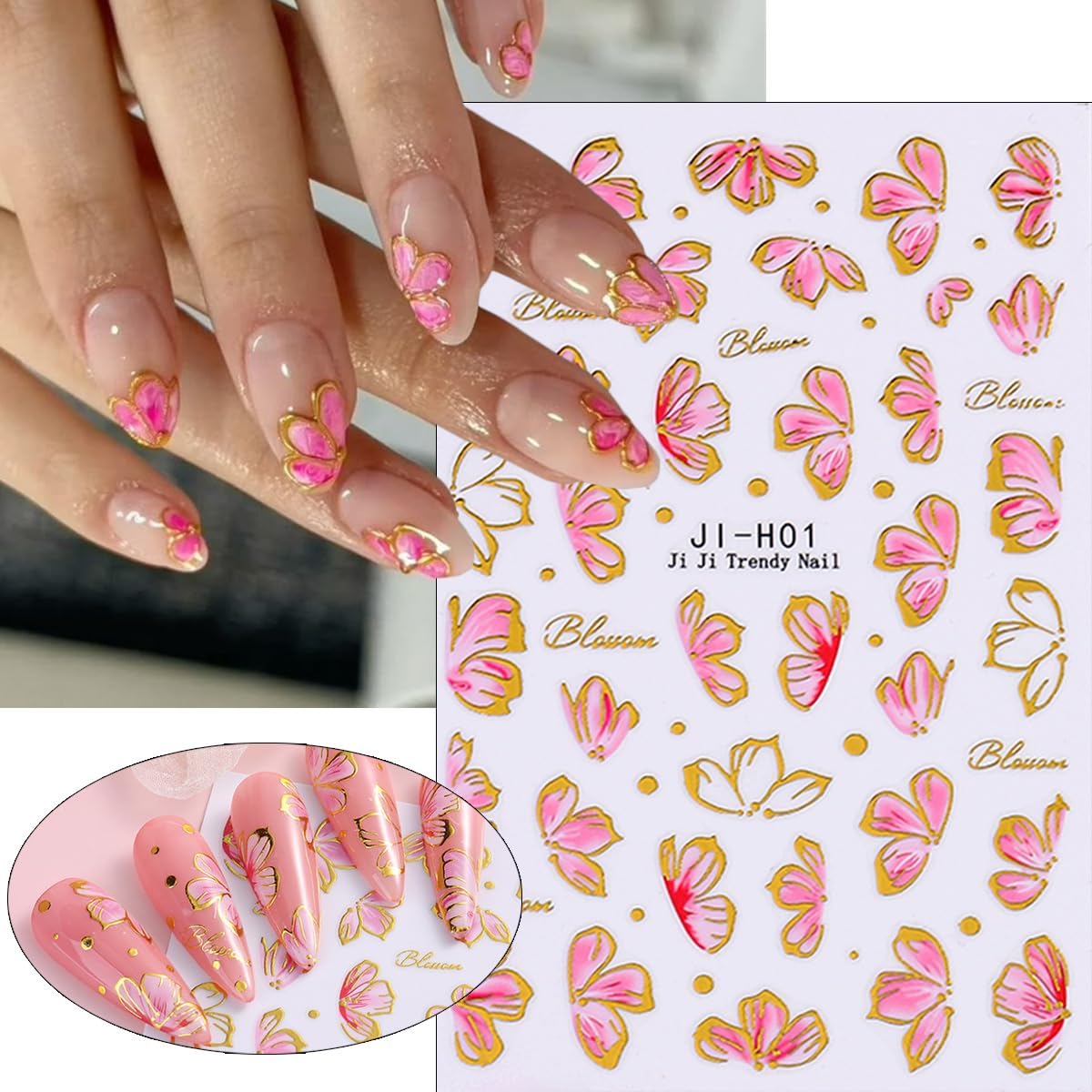 6Sheets Flower Nails Art Stickers Pink Cherry Blossom Nail Decals Butterfly Rose Nail Stickers Spring Summer Floral Design Sticker Cute Lily Flowers Nails Supplies Decorations for Women DIY Manicure