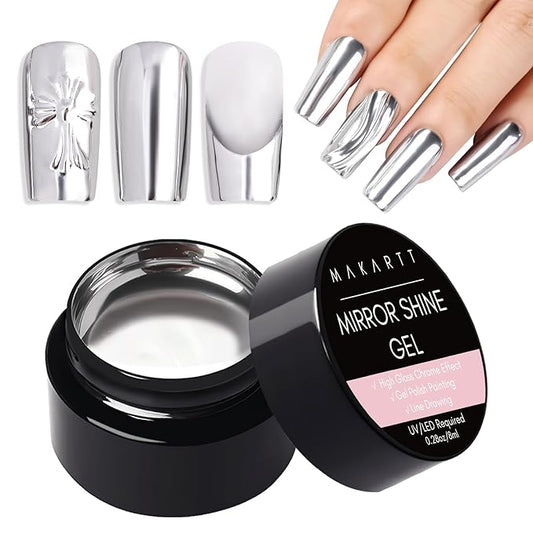 Makartt 8ml Mirror Shine Gel- Metallic Gel Nail Polish, Silver 3D Metal Painting for Nail Art Soak off UV/LED Glossy Mirror Effect Nail Glue for Home Salon DIY Manicure
