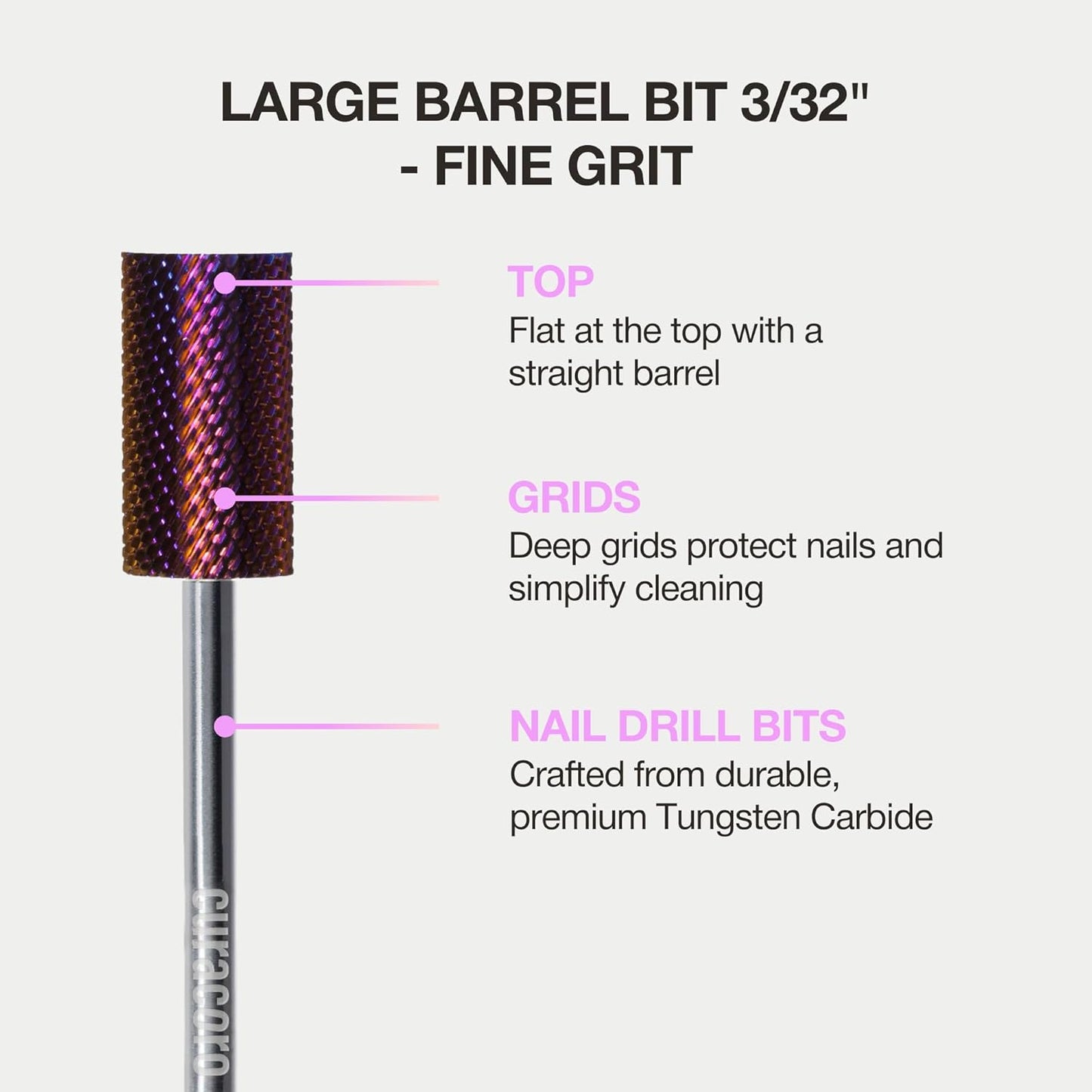 Curacoro Nail Drill Bits 3/32'' - Safe Smooth Stop Large Barrel Carbide Bit (Fine), Gently Bits for Removal & Nail Enhancement, for Nail Beds, Nail Art Pedicure Manicure Salon & Home