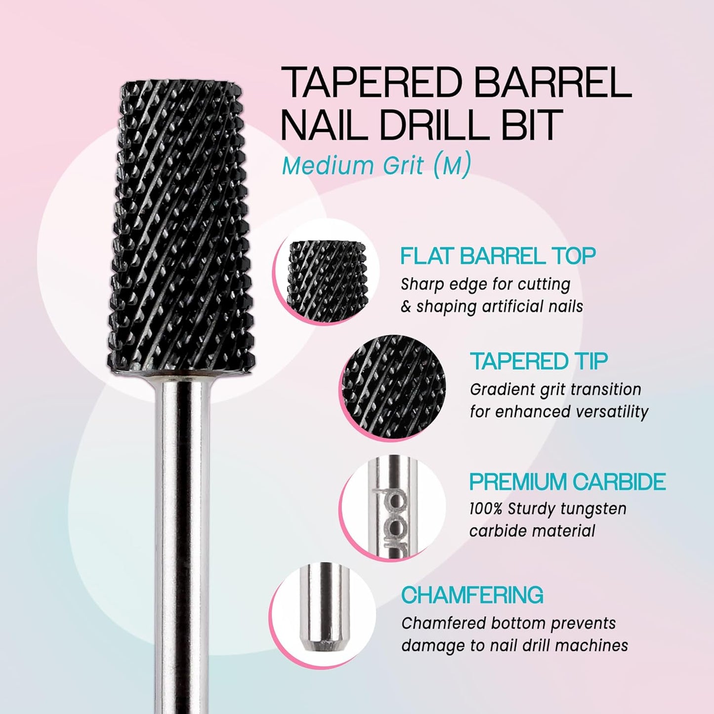 PANA Tapered Barrel Carbide 3/32" Shank Size - (Black, Medium Grit) - Fast remove Acrylic or Hard Gel Nail Drill Bit for Manicure Pedicure Salon Professional or Beginner
