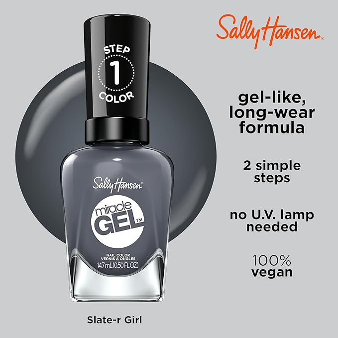 Sally Hansen Miracle Gel Salon Quality Nail Polish | Gel-Like Formula, Two-Step System, No UV Light Needed, Long Lasting | Opaque, Shiny | 809 Slate-R Girl | Dark Gray Nail Polish