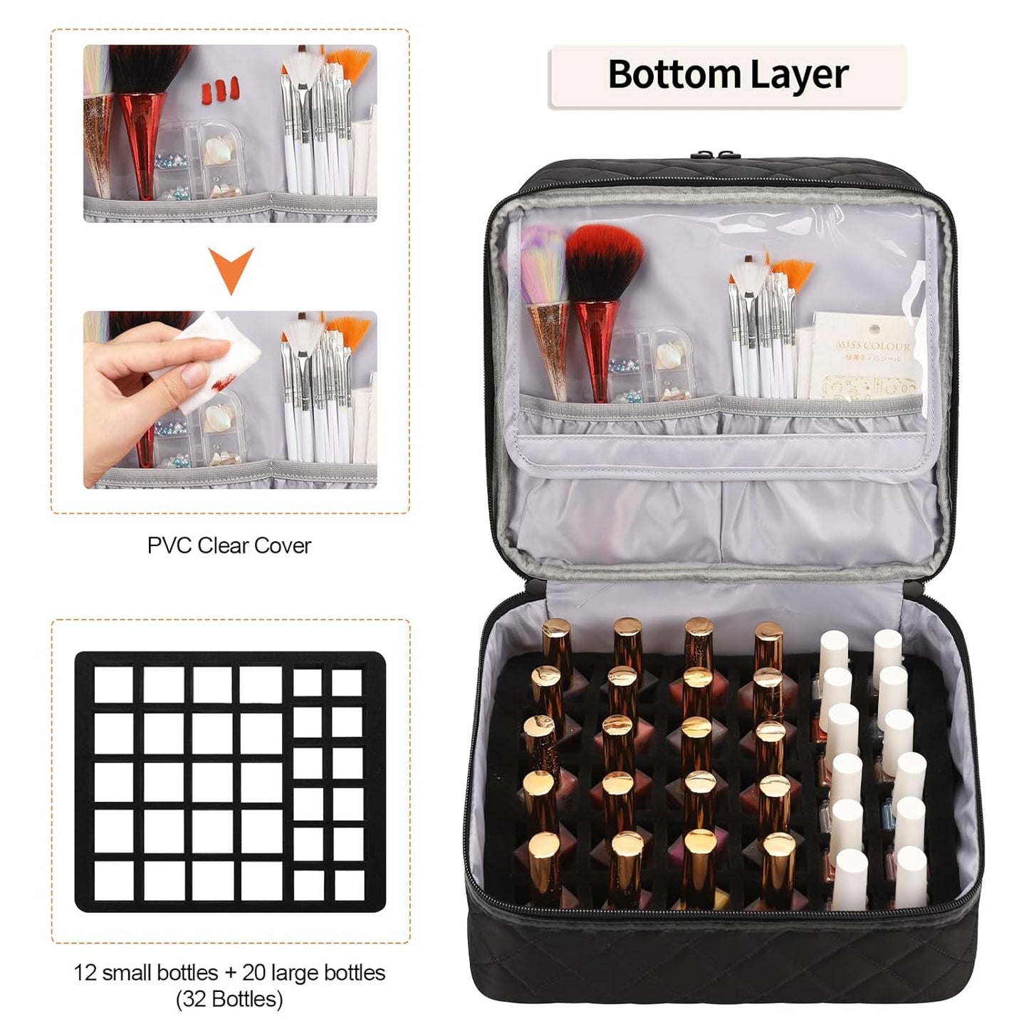 Ethereal Small Nail Polish Organizer Case Holds 32+ Bottles(15ml/0.5fl.oz) and Nail Lamp, Double Layer Nail Polish Storage Bag for Nail Kit, Manicure Tools, Black