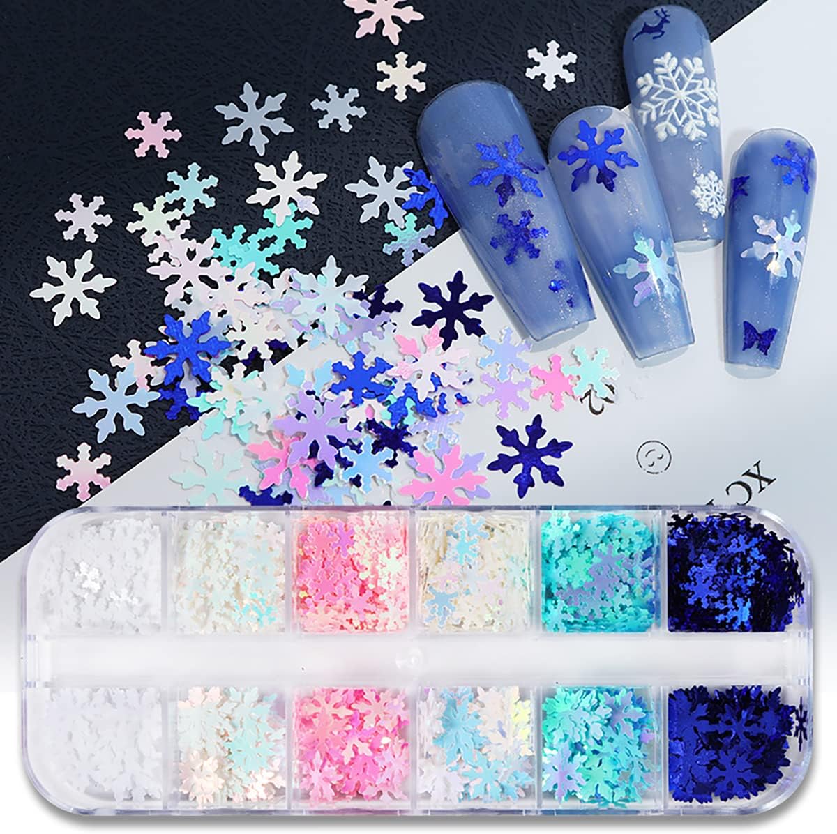 12 Grids 3D Snowflake Nail Art Stickers - Holographic Laser Decals for Christmas Nails - Xmas White Sequins for Nail Decoration - Winter Snow Flakes
