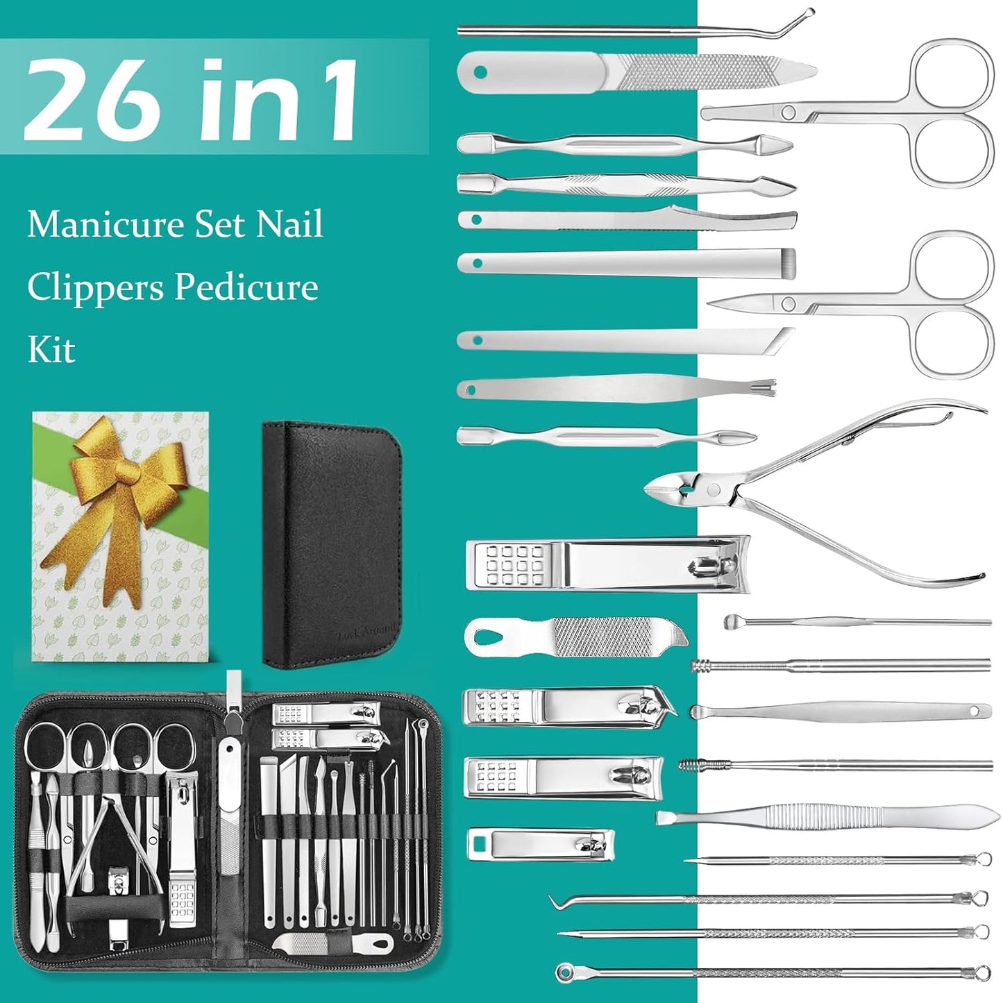 26-Piece Professional Manicure and Pedicure Kit, Nail Clippers Set, Stainless Steel Nail Care Tools with Travel Case, Silver White