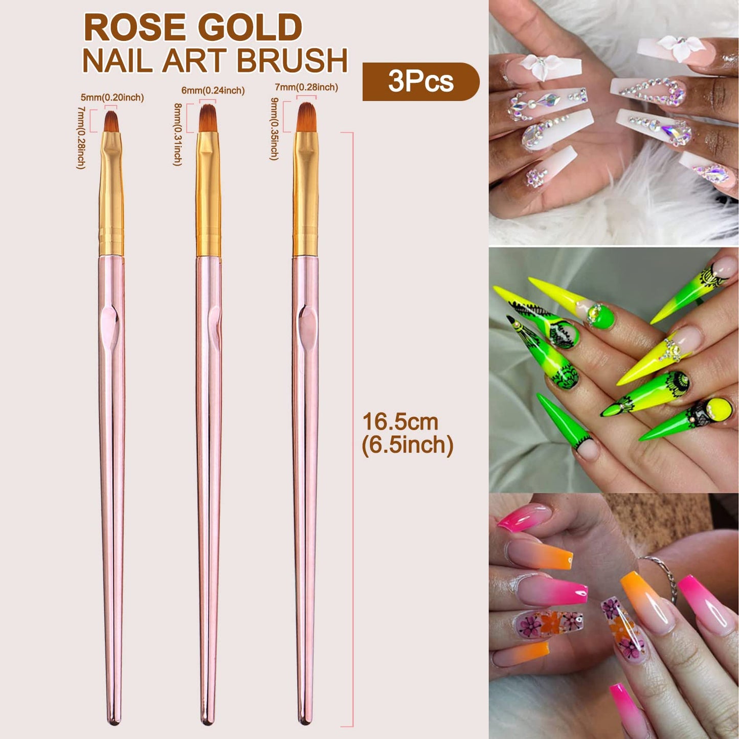 SILPECWEE 3 Pcs Oval Nail Brush Set - Rose Gold, Acrylic Nail Art Brushes Manicure Painting Pen Design Tool Professional Remover Polish Nail Clean Up Brushes (7mm/9mm/10mm)