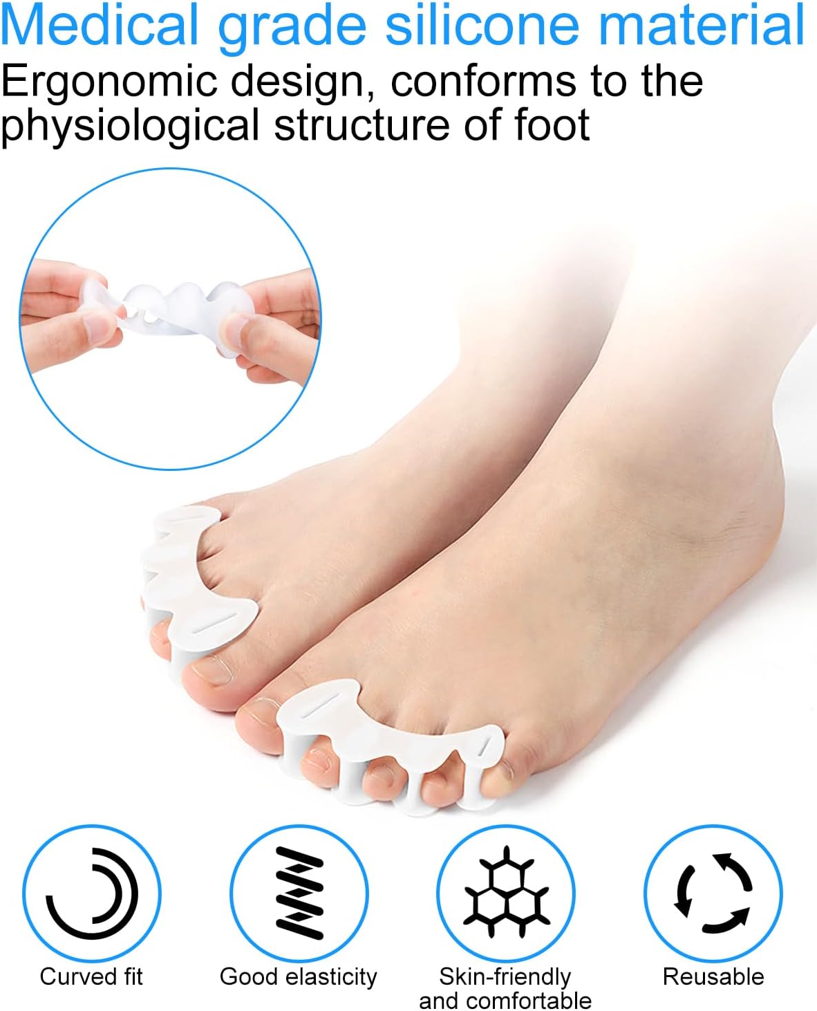 2 Pair Bunion Toe Separators Toe Spacers for Feet Women Men to Correct Their Toes, Foot Alignment, Silicone Toe Spreaders Toe Straightener for Hammertoe, Curled Toes (L, 2 Firm + 2 Soft)