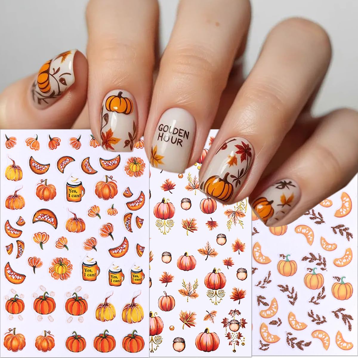 6 Sheets Fall Nail Art Stickers Pumpkin Fall Maple Leaf Nail Decals Fallen Leaves Nails Designs 3D Self-Adhesive Thanksgiving Nails Stickers Autumn Nail Art Supplies for Women DIY Manicure Art Kit