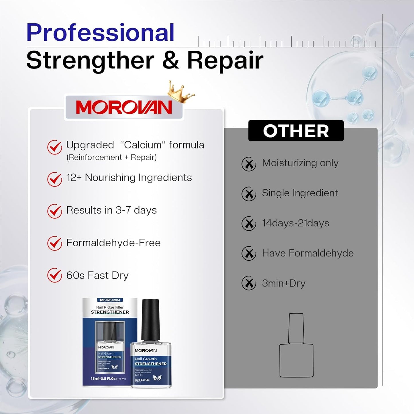 Morovan Nail Strengthener and Growth: Clear Nail Polish Hardener for Damaged Nails Treatment Natural Keratin Repair Ridge Filler Prevents Discoloration Crack Thin Essential Manicure Nail Care Women
