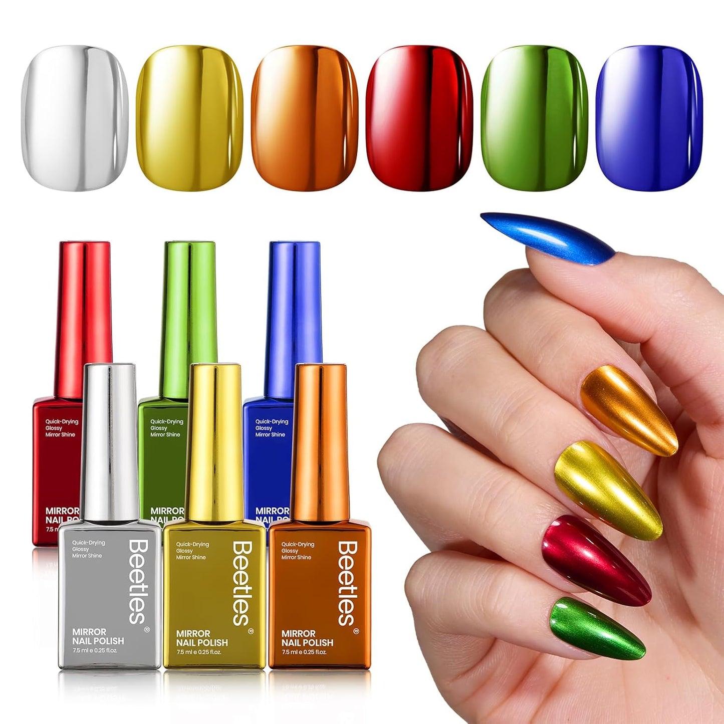 Beetles Chrome Mirror Nail Polish Set - Jingle Jewels 6 Colors Quick-Drying Glossy Metallic Nail Polish Shiny Chrome Effect Fingernail Polish DIY Nail Art Christmas Gift for Women Salon Home