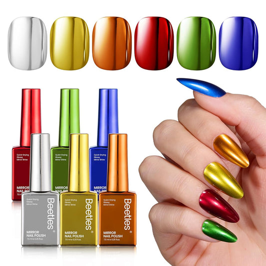 Beetles Chrome Mirror Nail Polish Set - Jingle Jewels 6 Colors Quick-Drying Glossy Metallic Nail Polish Shiny Chrome Effect Fingernail Polish DIY Nail Art Christmas Gift for Women Salon Home