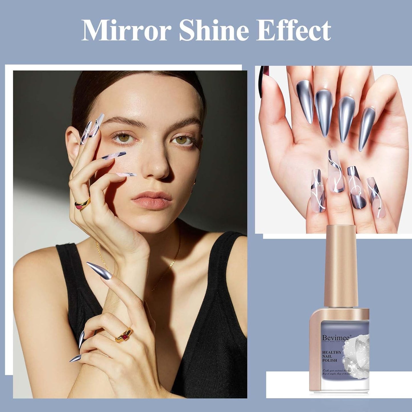 Chrome Nail Polish Metallic Mirror Effect, Air Quick Dry Holographic Nail Lacquer Silver Purple Regular Color for Finger Toe Nail French Manicure Art