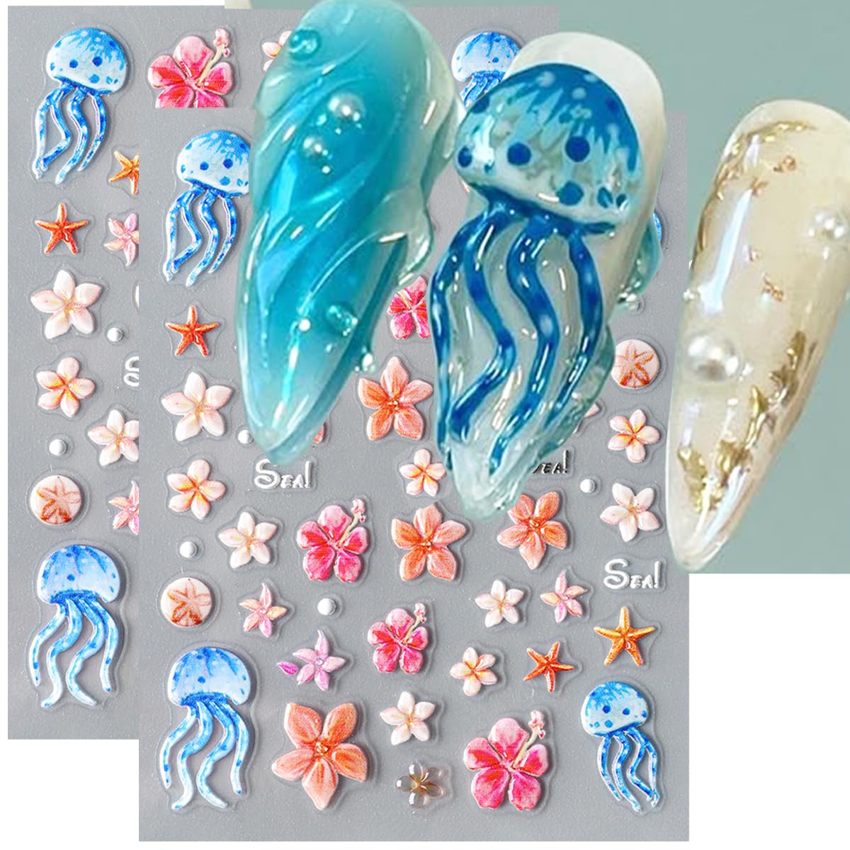 Summer Flower Nail Art Stickers Decals Jellyfish 5D Embossed Nail Decals 2PCS Flowers Starfish Jelly Design Summer Nails Adhesive Sliders Flower Sticker for Nails Women DIY Manicure Decorations Supply