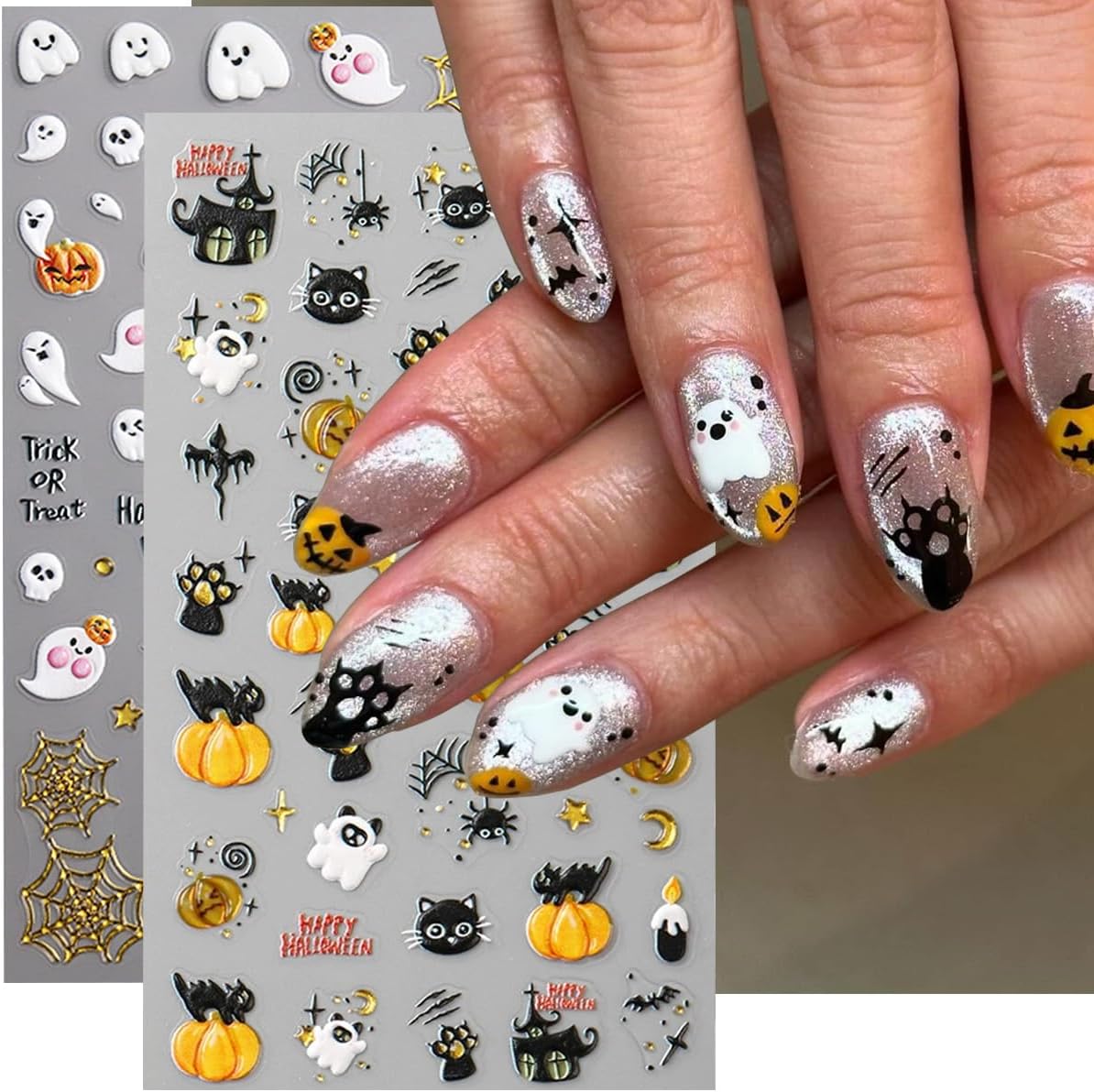 Halloween Nail Art Stickers Decals Cute Ghost Black Cat Nail Decals 2PCS 5D Embossed Gold Pumpkin Spider Web Castle Cat Paw Self-Adhesive Design Halloween Nail Stickers for Women Manicure Decorations