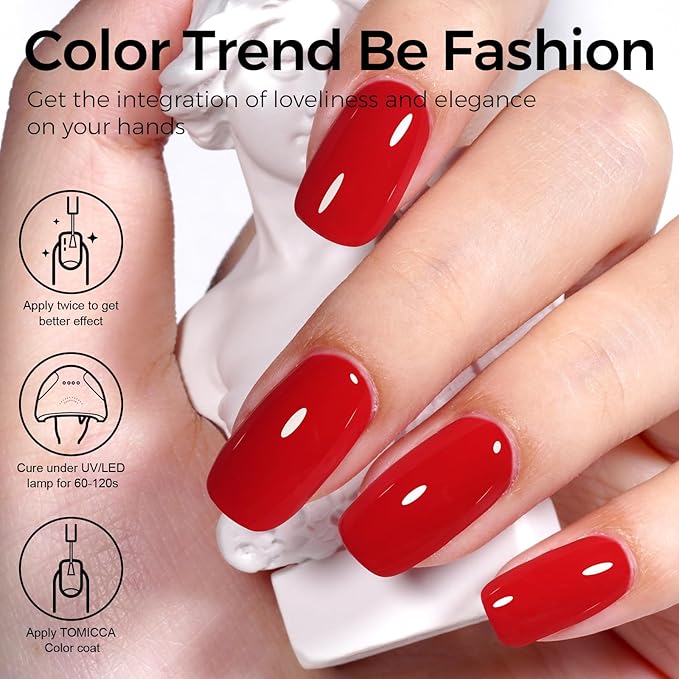TOMICCA Red Gel Nail Polish, Ruby Red UV Polish, Long Lasting Gel Polish for Salon DIY Manicure
