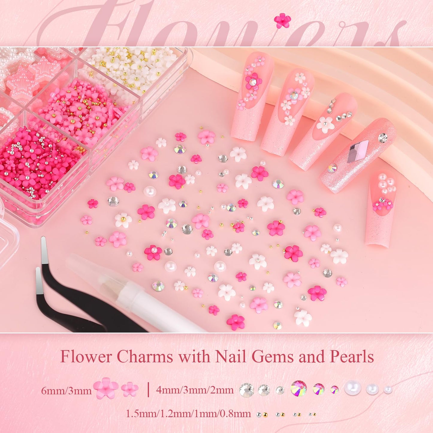 Chunky Nail Charms and Gems Set 3, Girly Coquette Nail Charms + Assorted Pearl Bows Heart Star Moon + Cute 3D Flowers for Nails + Flatback Rhinestones & Pearls with Tools for Kawaii Nail Design