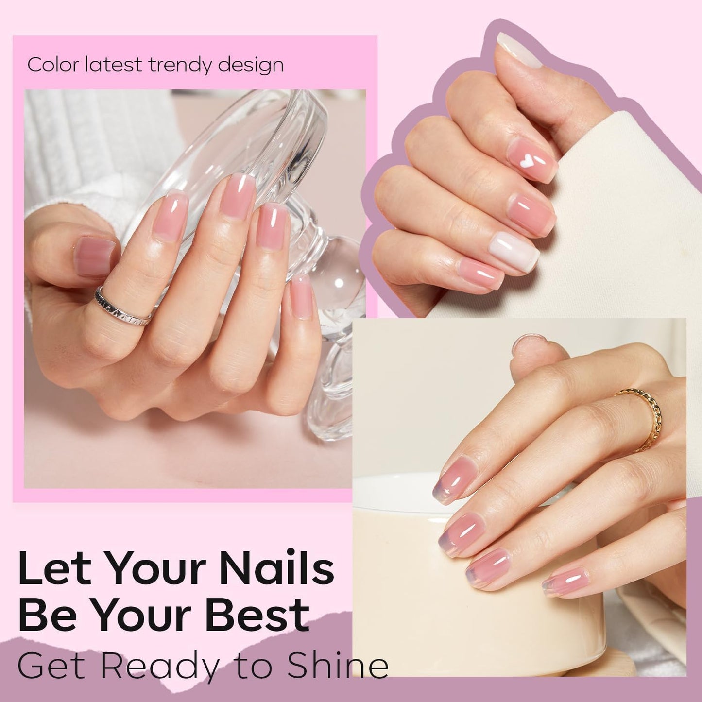 modelones Jelly Nail Polish Set 6 Colors, Milky White Pink Sheer Nude Quick Dry Mini Nail Lacquer Kit, Translucent Clear Transparent Peach Shimmer Manicure DIY Nail Art Spring Gift for Women Girls