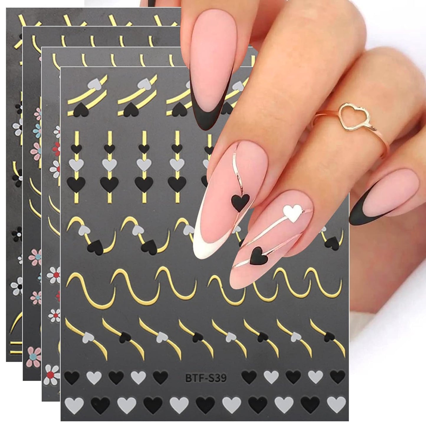 JMEOWIO 9 Sheets Heart Line Flower Nail Art Stickers Decals Self-Adhesive Pegatinas Uñas Colorful Nail Supplies Nail Art Design Decoration Accessories