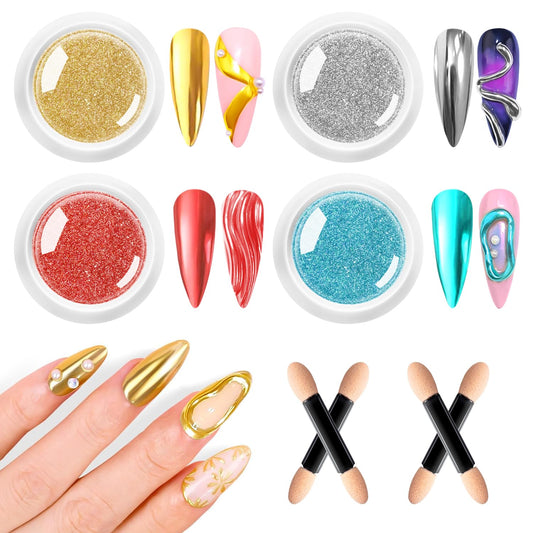Gold Chrome Nail Powder 4 PCS - Metallic Mirror Nail Art Pigment for Gel Polish Decoration,Resin Craft Festival Chrome Powder,Includes Blue Purple Colors
