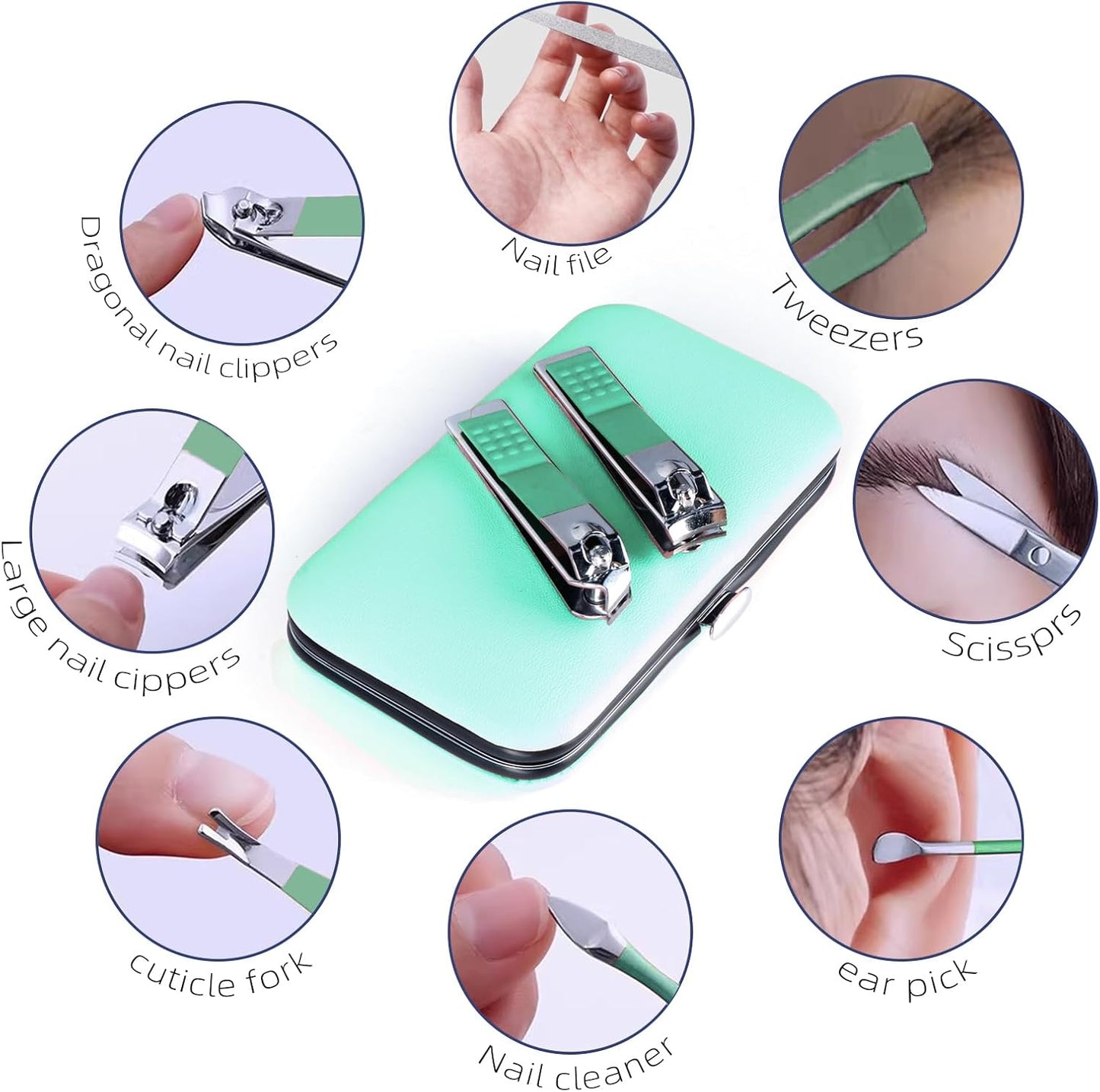 Manicure Set 8 in 1 Nail Clipper Set,RedFlow Nail Clippers,Fingernail & Toenail Clippers,Manicure Tools,Pedicure Tools,Suitable for Travel Manicure Kit,Nail Set Kit with Everything Profe (Green)