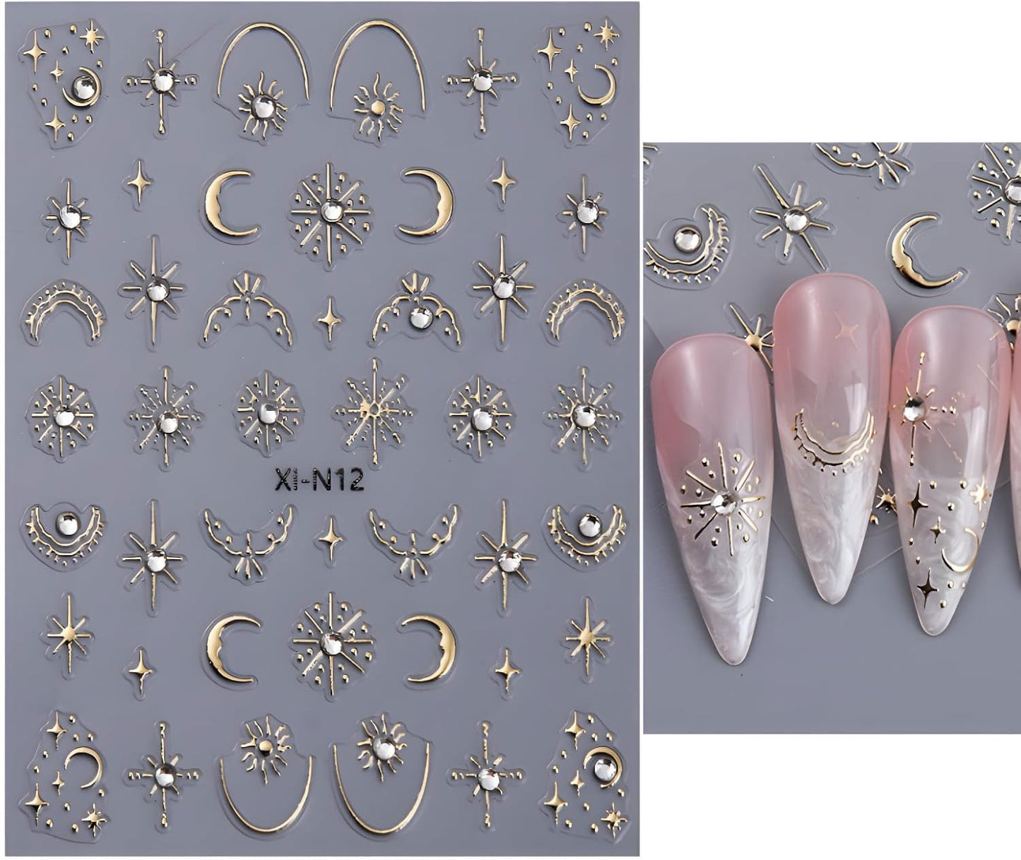 Gold Star Nail Art Stickers Decals Moon Nail Decals 5D Embossed Glitter Rhinestones Nails Design Stickers Gold Nails Supplies for Women Nail Art Decorations