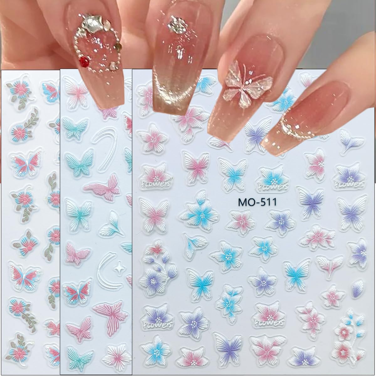 3Sheets Butterfly Nail Art Stickers Purple Pink Butterflies Nail Stickers Colorful Flower Nails Decals Butterfly Sticker 5D Embossed Wildflower Nails Design Decoration Supplies for Women DIY Manicure