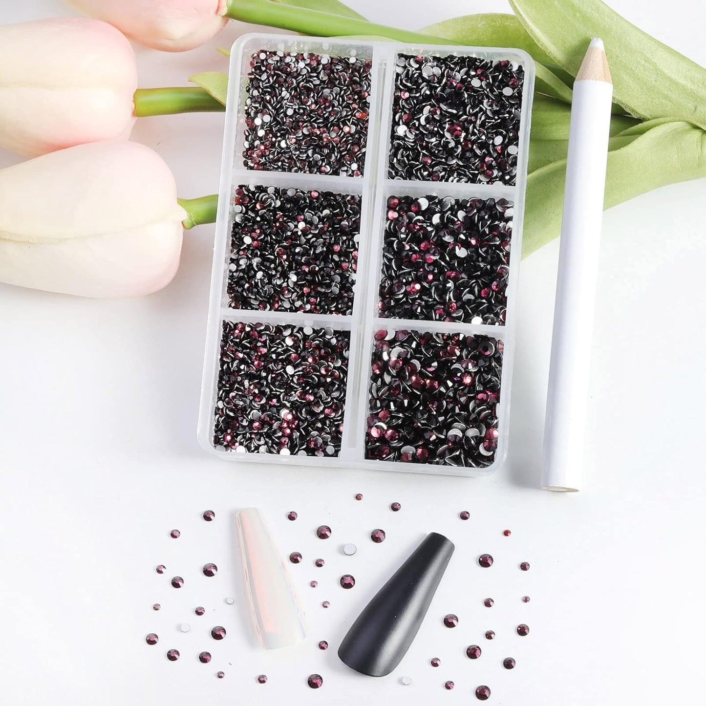 Beadsland 7200pcs Flatback Rhinestones,Burgundy Rhinestone Nail Gems Round Crystal Rhinestones for Crafts,Mixed 6 Sizes with Wax Pencil Kit, SS3-SS10,Amethyst