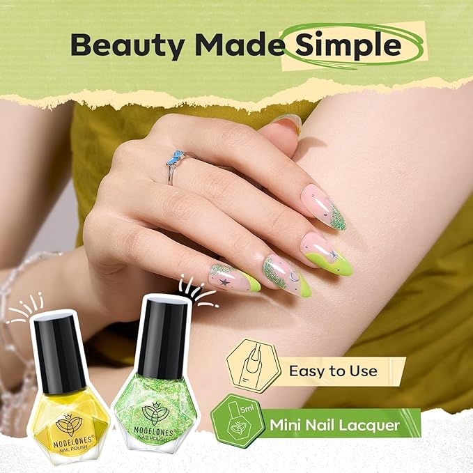 modelones Green Nail Polish, 6 Colors Yellow White Glitter Quick Dry Nail Polish Set Mini Finger Long Lasting Fast Drying Manicure DIY Nail Art Home Salon Gift For Women Girls