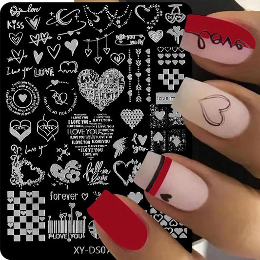 Valentine Nail Art Stamping Plate Kit,Love Heart Butterfly Flower Cat Design Stamp Templates,Love Words Stamp Templates Kit,Valentines Romantic Metal Nail Plates for DIY Printing Decor 4Pcs