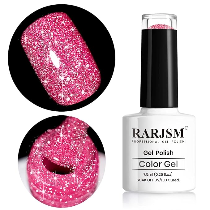RARJSM Pink Gel Nail Polish, 7.5ml 0.25Floz Reflective Gelpolish Glitter Gel Nail Polish Summer Candy Collection Diamond Shimmer Neon Pink Nailgel for Starter Nail DIY at Home UV LED Cure Required
