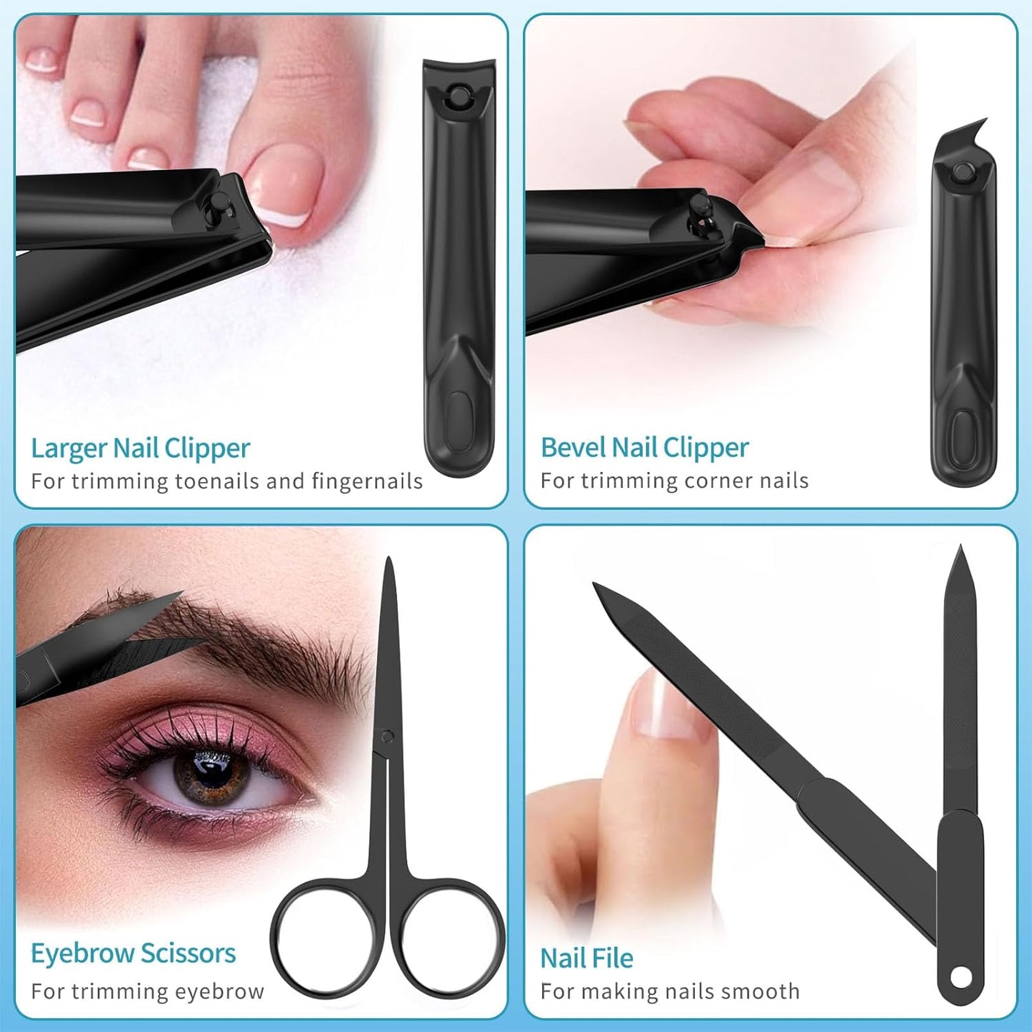 Manicure Set 10 in 1 Stainless Steel Nail Clippers Scissors Tweezers Grooming Kit with Travel Case (Black)