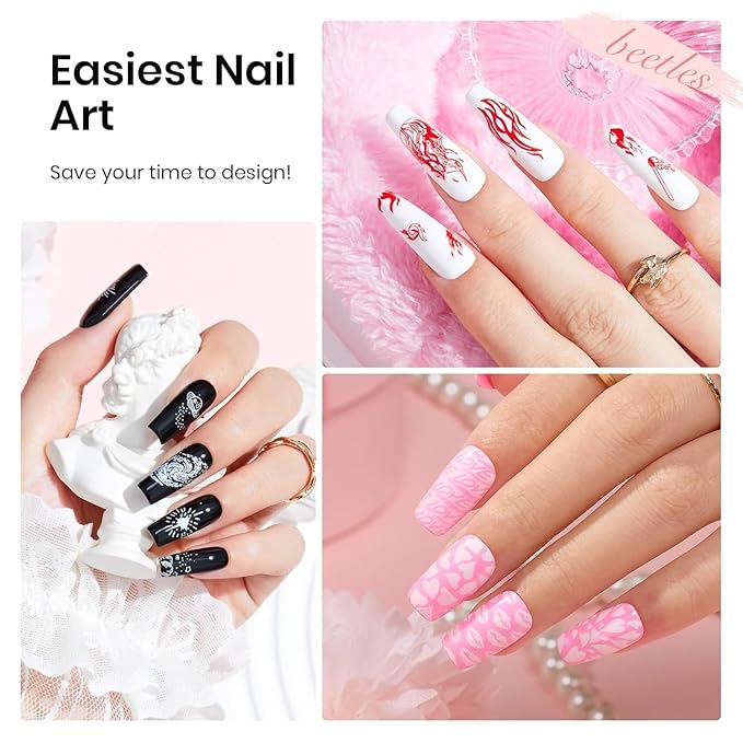 Beetles Nail Stamp Gel 16Pcs French Tip Nail Stamp Kit with 8 Colors Stamper Gel Polish, 5 Nail Stamping Templates, Scrapers, Liquid Latex & Short Silicone Stamper Gift for Women