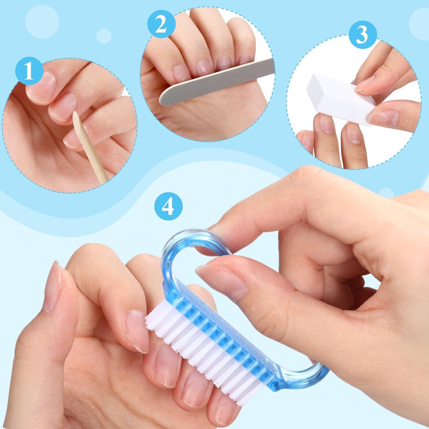 100 Sets Professional Disposable Manicure Kit Basics 4 Piece Nail Kit Wood Nail File 100/180 Grit, Mini Buffer 80/100 Grit, Wood Stick and Handle Grip Brush Gifts (Blue)